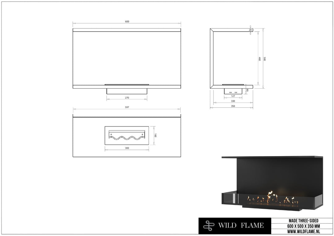 Technische Zeichnung Dreiseitiger Bioethanol Einbaukamin MATE 60, Abmessungen 600 x 500 x 350 mm, Wild Flame