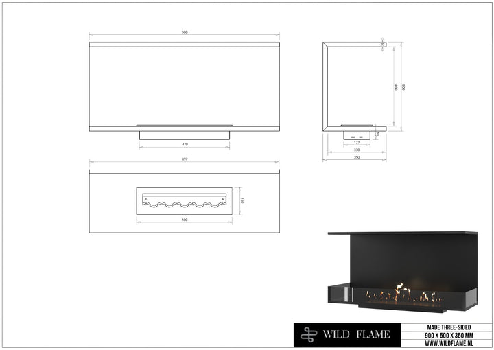 Technische Zeichnung Dreiseitiger Bioethanol Einbaukamin MATE 90, Abmessungen 900 x 500 x 350 mm, Wild Flame