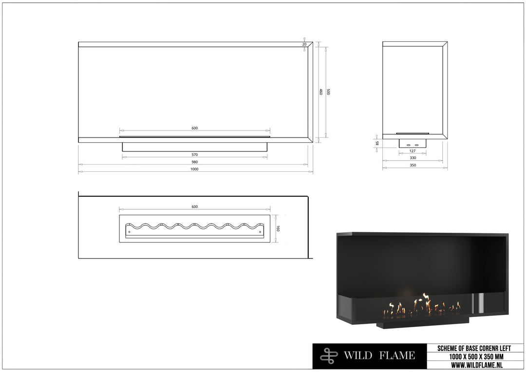 Technische Zeichnung Bioethanol Eckkamin BASE L100, Ecke links, Abmessungen 1000 x 500 x 350 mm, Wild Flame
