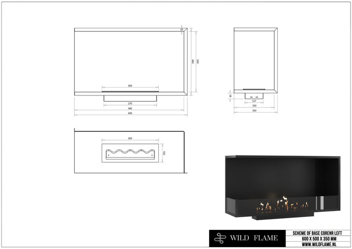 Technische Zeichnung Bioethanol Eckkamin BASE L60, Ecke links, Abmessungen 600 x 500 x 350 mm, Wild Flame
