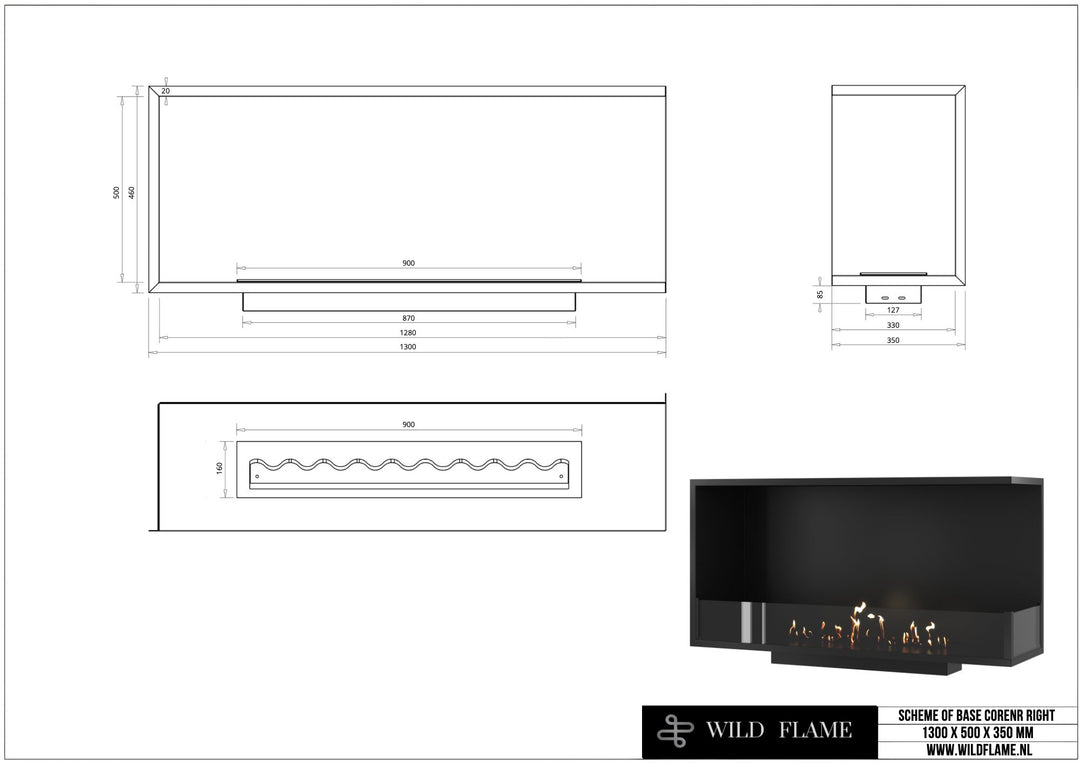 Technische Zeichnung Bioethanol Eckkamin BASE R130, Ecke rechts, Abmessungen 1300 x 500 x 350 mm, Wild Flame