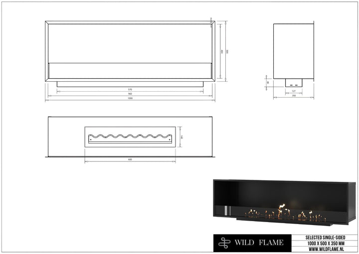 Technische Zeichnung Bioethanol Einbaukamin SELECTED 100, Abmessungen 1000 x 500 x 350 mm, Wild Flame