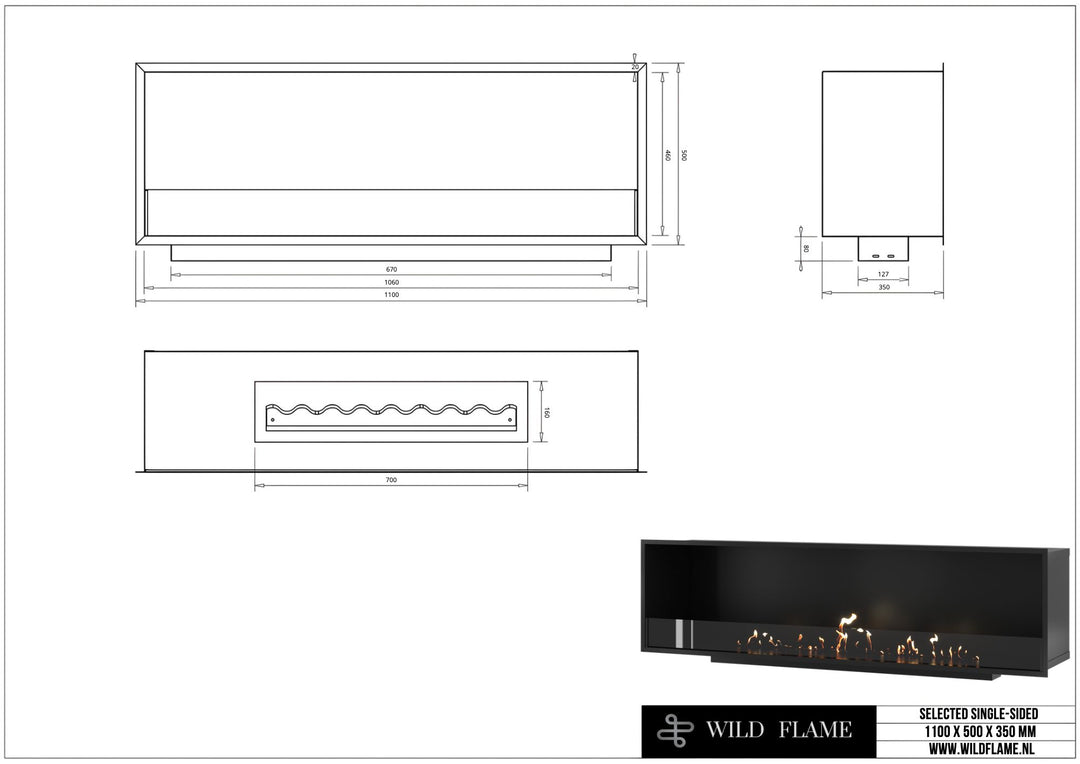 Technische Zeichnung Bioethanol Einbaukamin SELECTED 110 cm, Abmessungen 110x50x35cm, Wild Flame
