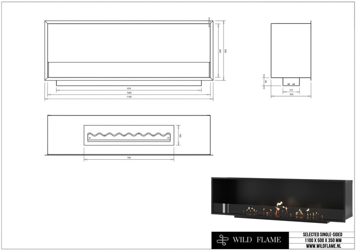 Technische Zeichnung Bioethanol Einbaukamin SELECTED 110 cm, Abmessungen 110x50x35cm, Wild Flame