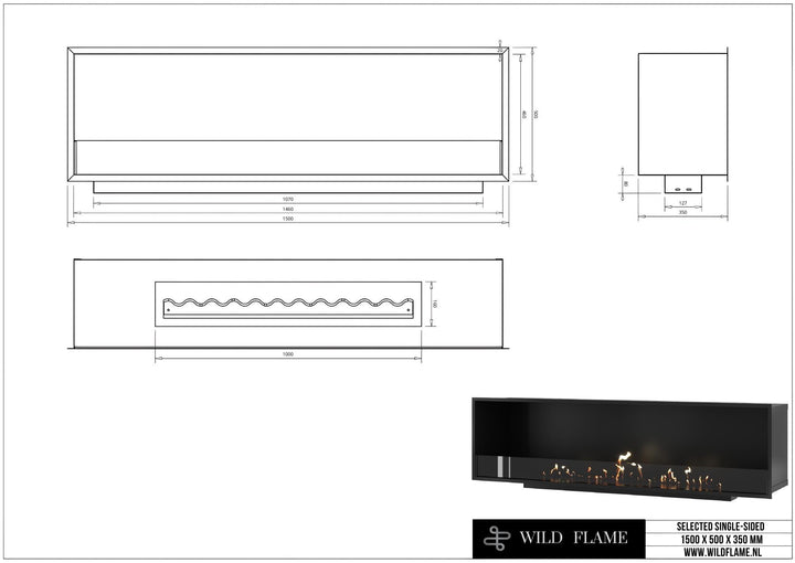 Technische Zeichnung Bioethanol Einbaukamin SELECTED 150, Abmessungen 1500 x 500 x 350 mm, Wild Flame