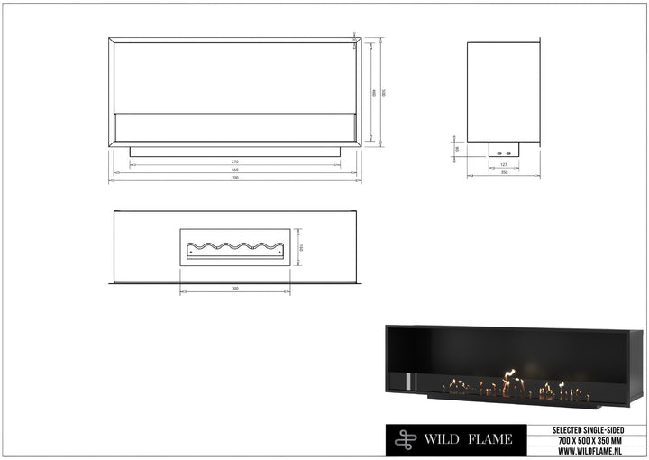 Technische Zeichnung Bioethanol Einbaukamin SELECTED 70, Abmessungen 700 x 500 x 350 mm, Wild Flame