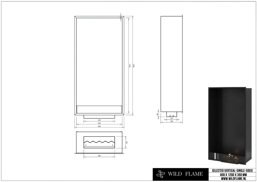Technische Zeichnung Bioethanol Einbaukamin Vertikal SELECTED 60x120 cm, Abmessungen 600 x 1200 x 350 mm, Wild Flame