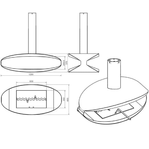 Technische Zeichnung einer Spezialanfertigung eines Bioethanol Kamin / Ofen mit allen Maßen und Größen