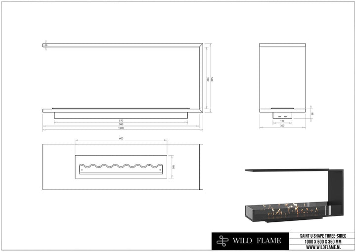 Technische Zeichnung Dreiseitiger Bioethanol Einbaukamin Raumteiler SAINT 100, Abmessungen 1000 x 500 x 350 mm, Wild Flame
