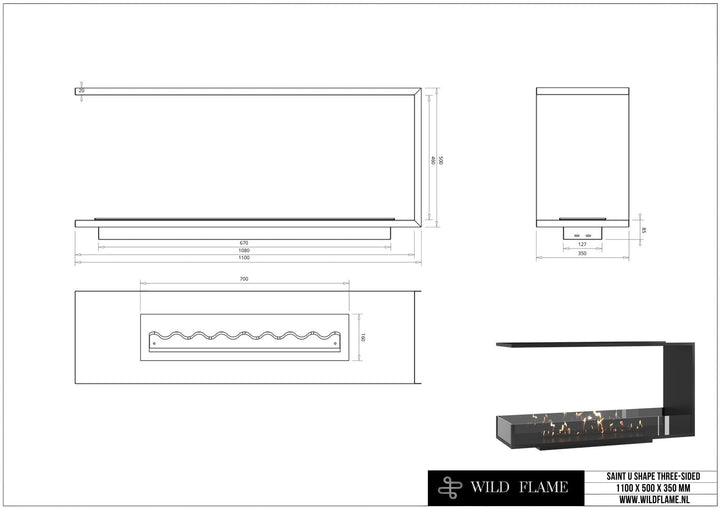 Technische Zeichnung Dreiseitiger Bioethanol Einbaukamin Raumteiler SAINT 110, Abmessungen 1100 x 500 x 350 mm, Wild Flame