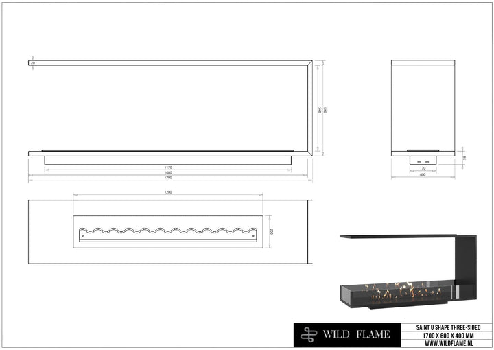 Technische Zeichnung Dreiseitiger Bioethanol Einbaukamin Raumteiler SAINT 170, Abmessungen 1700 x 600 x 400 mm, Wild Flame