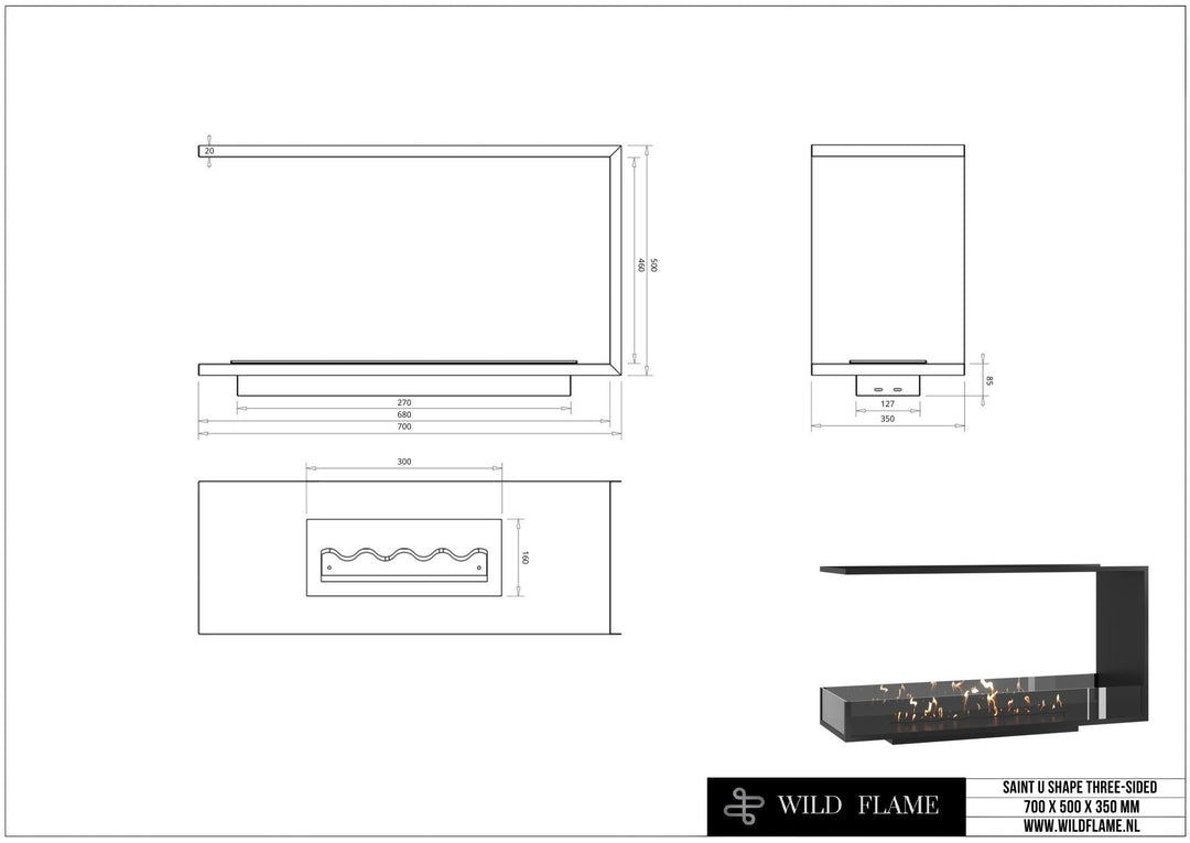 Technische Zeichnung Dreiseitiger Bioethanol Einbaukamin Raumteiler SAINT 70, Abmessungen 700 x 500 x 350 mm, Wild Flame
