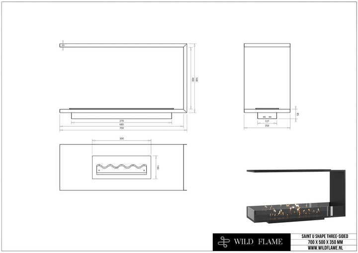 Technische Zeichnung Dreiseitiger Bioethanol Einbaukamin Raumteiler SAINT 70, Abmessungen 700 x 500 x 350 mm, Wild Flame
