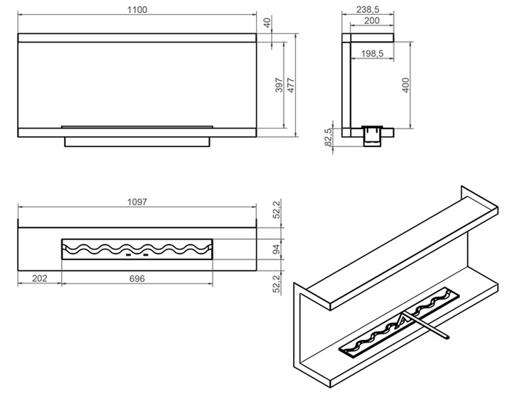 Dreiseitiger Bioethanol Einbaukamin - Izala 110cm