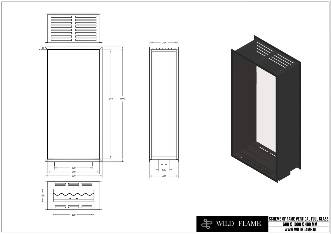 Technische Zeichnung für Bioethanol Einbau Kamin Zweiseitig und Vertikal für Raumteiler mit Vollverglasung Vollglas FAME 60x100cm von Wild Flame