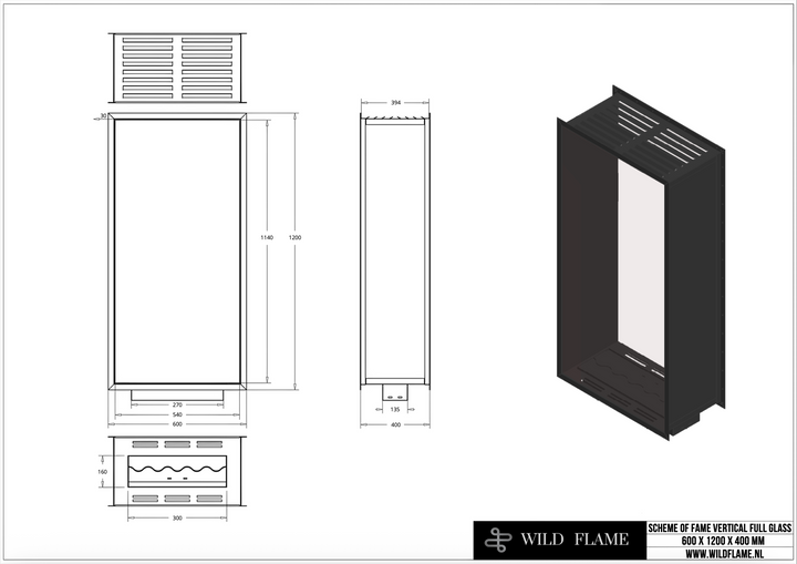Technische Zeichnung für Bioethanol Einbau Kamin Zweiseitig und Vertikal für Raumteiler mit Vollverglasung Vollglas FAME 60x120cm von Wild Flame