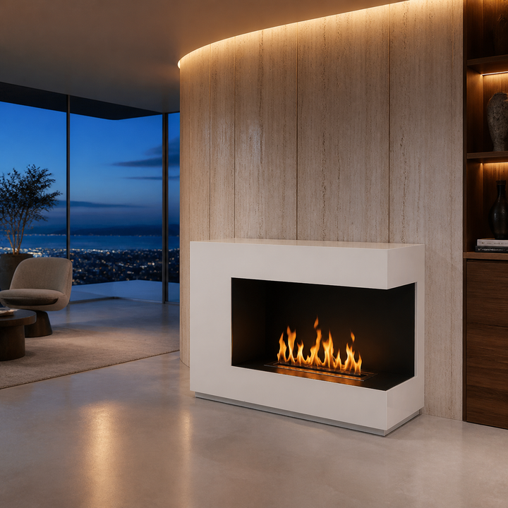 TERRACINA Bioethanol Standkamin Weiß Hochglanz im modernen Penthouse
