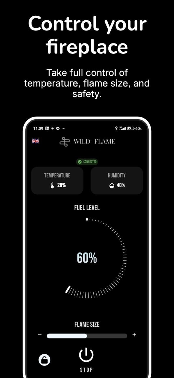 Wild Flame SmartFire App Steuerung Bioethanol Kamin Temperatur Flammenhoehe Fuellstand Fernbedienung