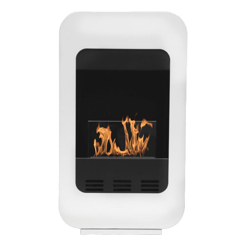 Freistehender Bioethanol Standkamin BAGHERIA Weiss Schwarz mit Glas stehender Biokamin Frontal