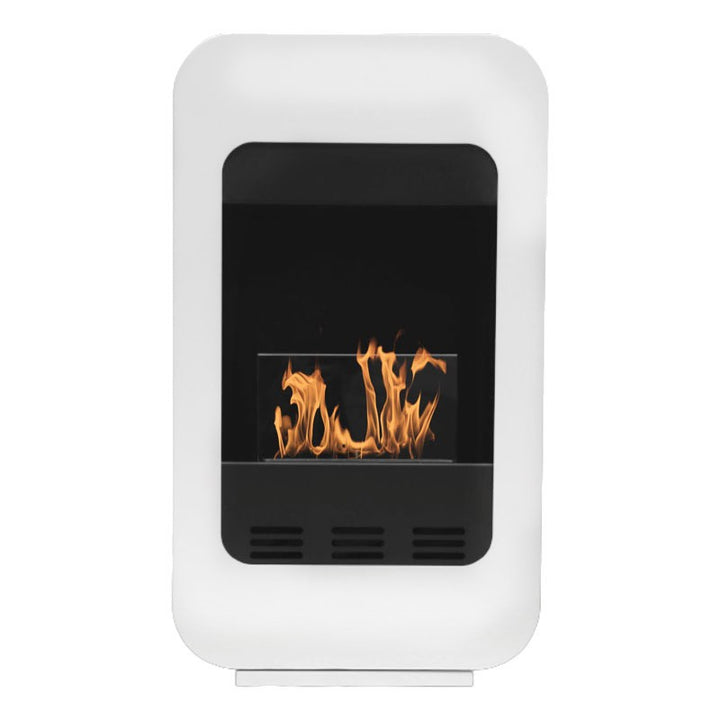 Freistehender Bioethanol Standkamin BAGHERIA Weiss Schwarz mit Glas stehender Biokamin Frontal