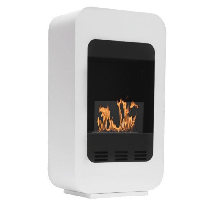Freistehender Bioethanol Standkamin BAGHERIA Weiss Schwarz mit Glas stehender Biokamin Modern Rund 