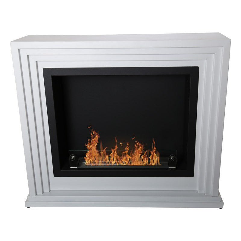 Freistehender Bioethanol Standkamin Portal MILAZZO Klassisch mit Glas Weiss XXL stehender Biokamin Seitlich