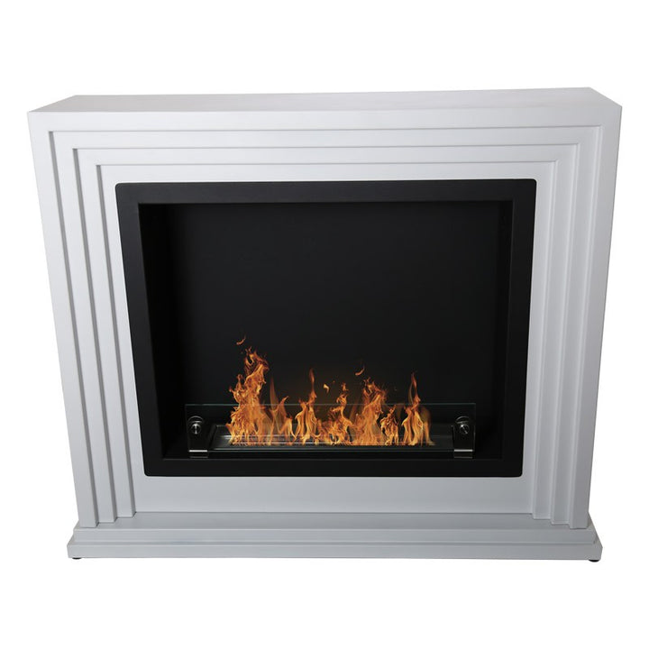 Freistehender Bioethanol Standkamin Portal MILAZZO Klassisch mit Glas Weiss XXL stehender Biokamin Seitlich