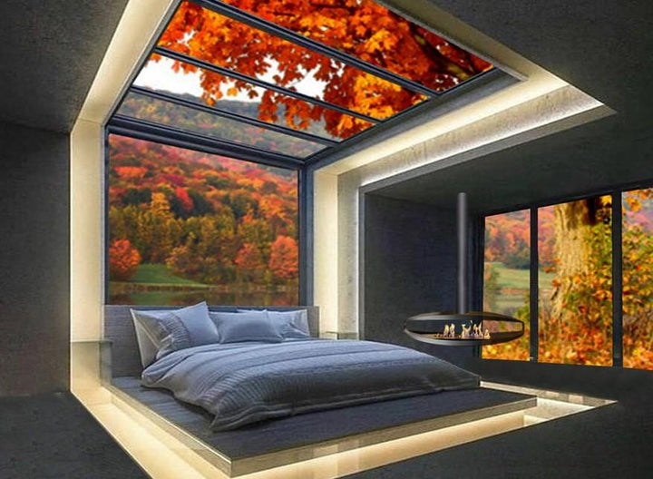 bioethanol-haengekamin-hamo-premium-ethanolkamin-decke-mit-flammen-designerkamin-luxus-schlafzimmer-indirekte-beleuchtung-blick-auf-den-herbstwald-dachfenster