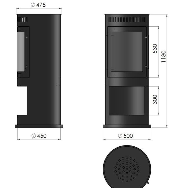 Bioethanol Standkamin INCOZA 4 Maßzeichnung mit 1180 mm Höhe und 500 mm Breite
