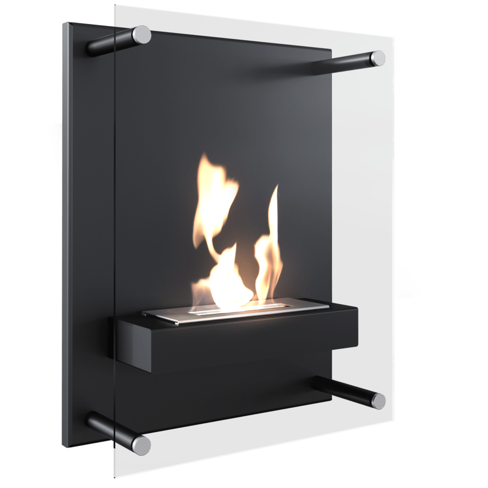 Bioethanol Wandkamin LION V2 in Schwarz mit Glasscheibe und Flammen Frontansicht Freisteller