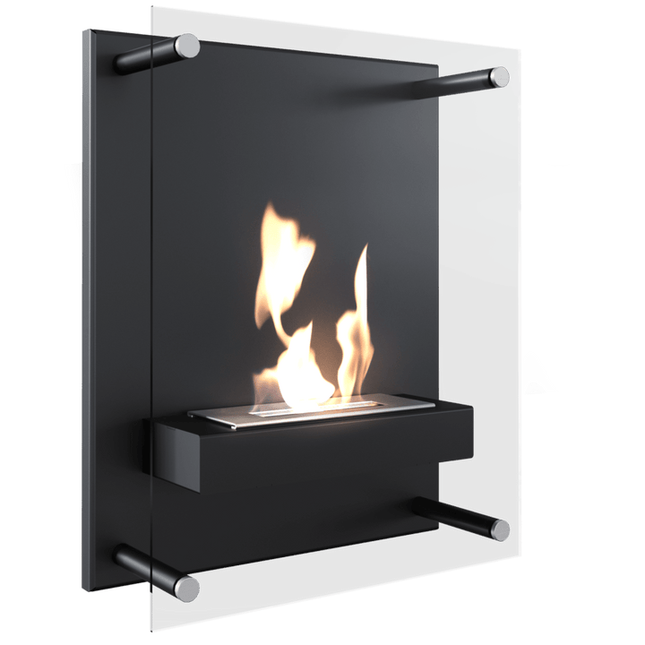 Bioethanol Wandkamin LION V2 in Schwarz mit Glasscheibe und Flammen Frontansicht Freisteller