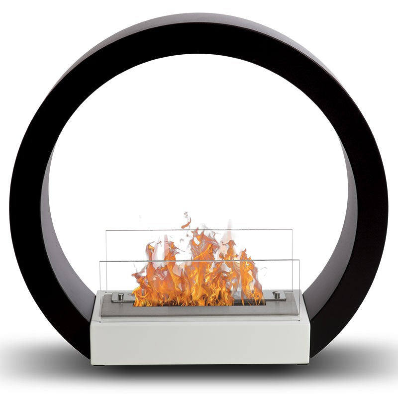 Bioethanol Tischkamin AQUILA in Schwarz mit Glas und Flammen, Frontansicht