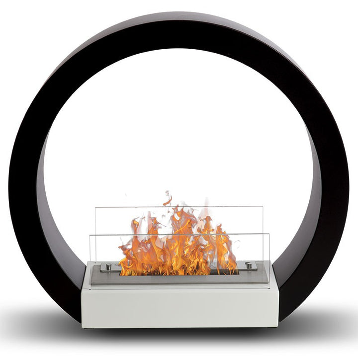 Bioethanol Tischkamin AQUILA in Schwarz mit Glas und Flammen, Frontansicht