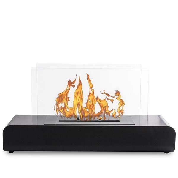 Bioethanol Tischkamin ESTATE in Schwarz mit Glas und Flammen, Frontansicht