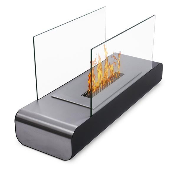 Bioethanol Tischkamin ESTATE in Schwarz mit Glas und Flammen, Seitenansicht