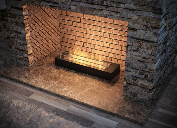 Bioethanol Tischkamin Kamineinsatz FIREBOX 600 in Schwarz mit Flammen auf einer Marmorplatte