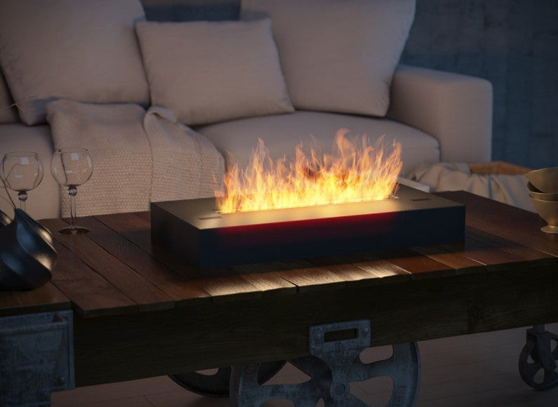 Bioethanol Tischkamin Kamineinsatz SIMPLEBOX 400 in Schwarz mit Flammen auf einem Wohnzimmertisch