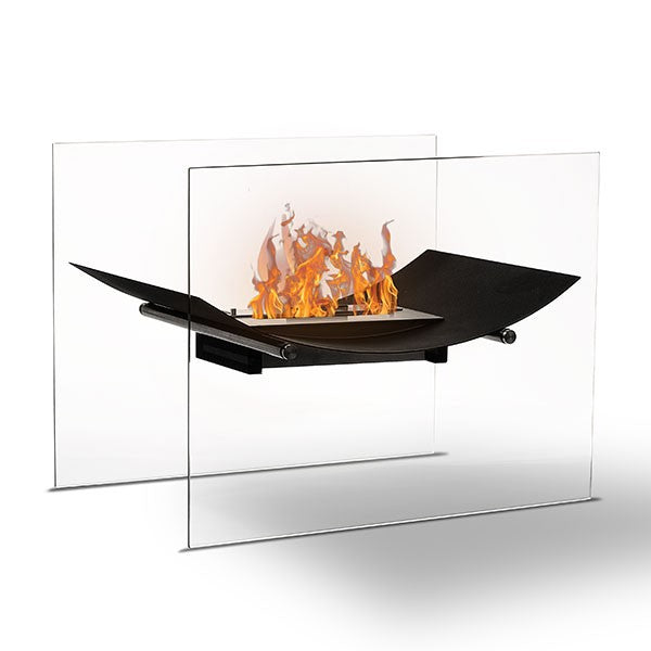Bioethanol Tischkamin Standkamin ATLANTA in Schwarz mit Glas und Flammen, Perspektivansicht